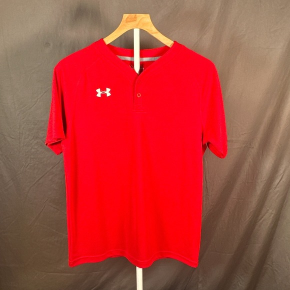 Under Armour Other - Under Armour Boys Red HeatGear Loose Fit Henley Baseball Jersey Shirt YXL